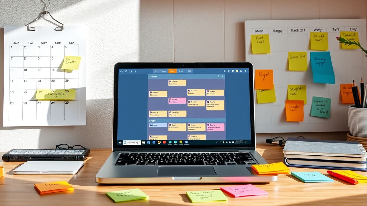 Een opgeruimde schoolwerkplek met planner en takenlijstjes.