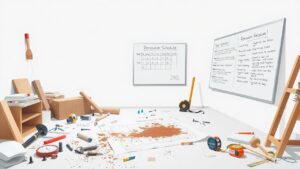 Een rommelige werkruimte met renovatiegereedschap en projectplanning.