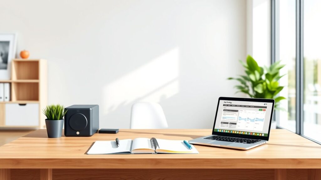 Een opgeruimd en georganiseerd kantoor met een laptop en planning tools.