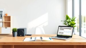 Een opgeruimd en georganiseerd kantoor met een laptop en planning tools.