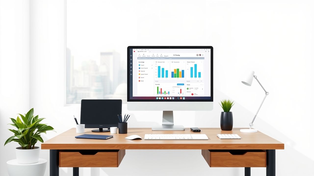 Een georganiseerde kantoorruimte met een computer en stadsgezicht.