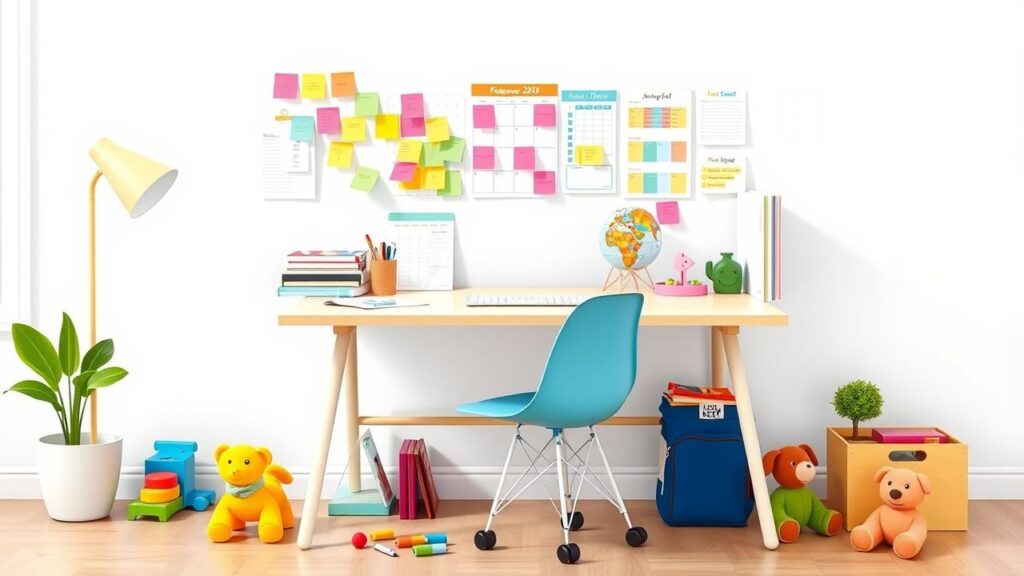 Een georganiseerd thuiskantoor met kinderopvangbenodigdheden en speelgoed.