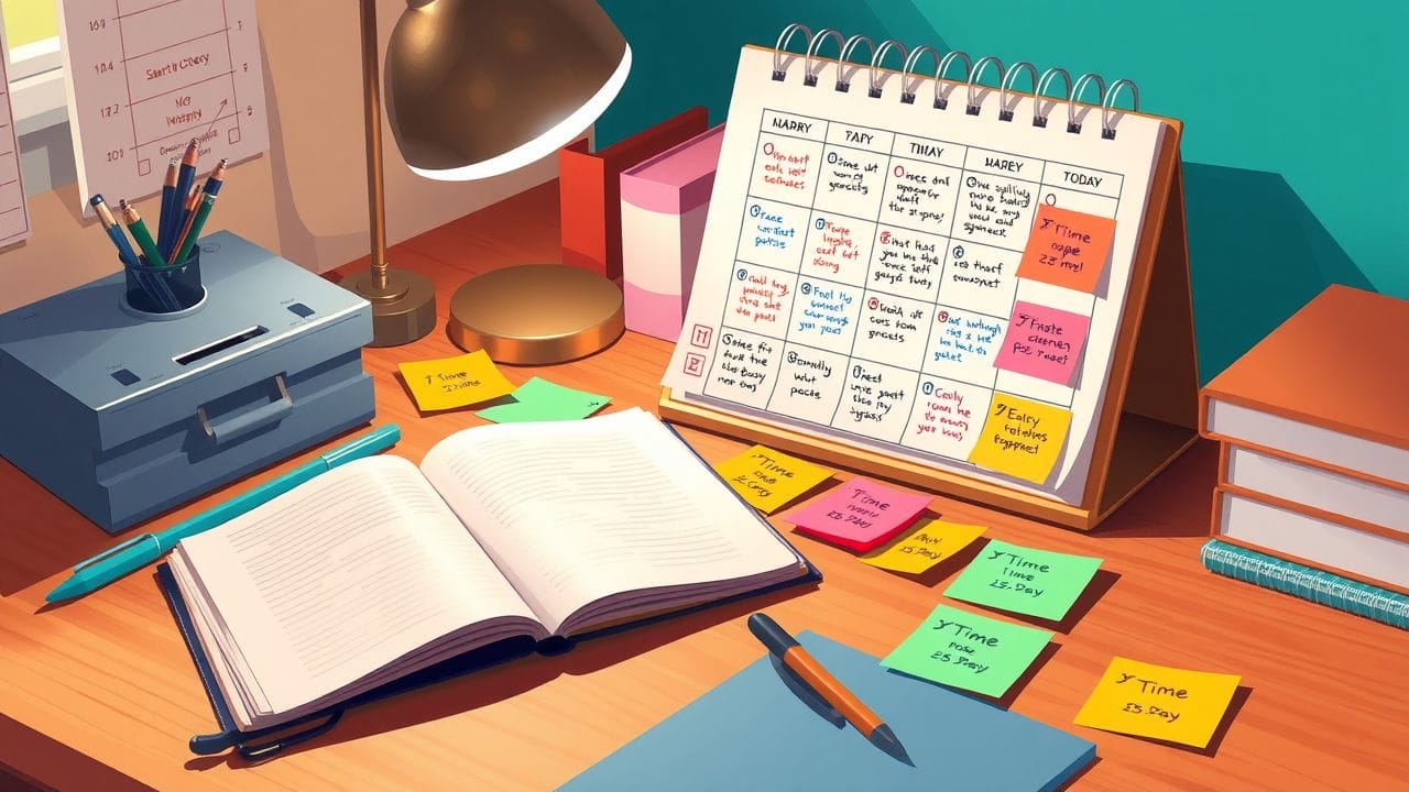 Een rommelig bureau in een gezellige thuiskantoor setting.