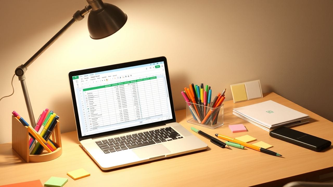 Een opgeruimd bureau met een open laptop, pennen, en notities.