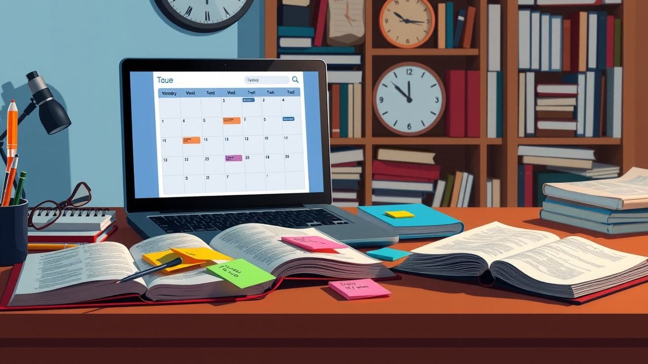 Een rommelig bureau met studieboeken, laptop en notities. Een rommelig bureau met studieboeken, laptop en notities.