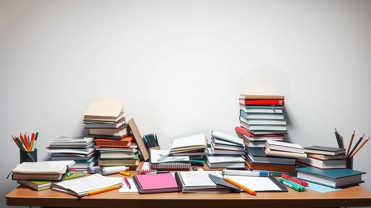 Een rommelig bureau met schoolbenodigdheden en boeken in een plat ontwerp.