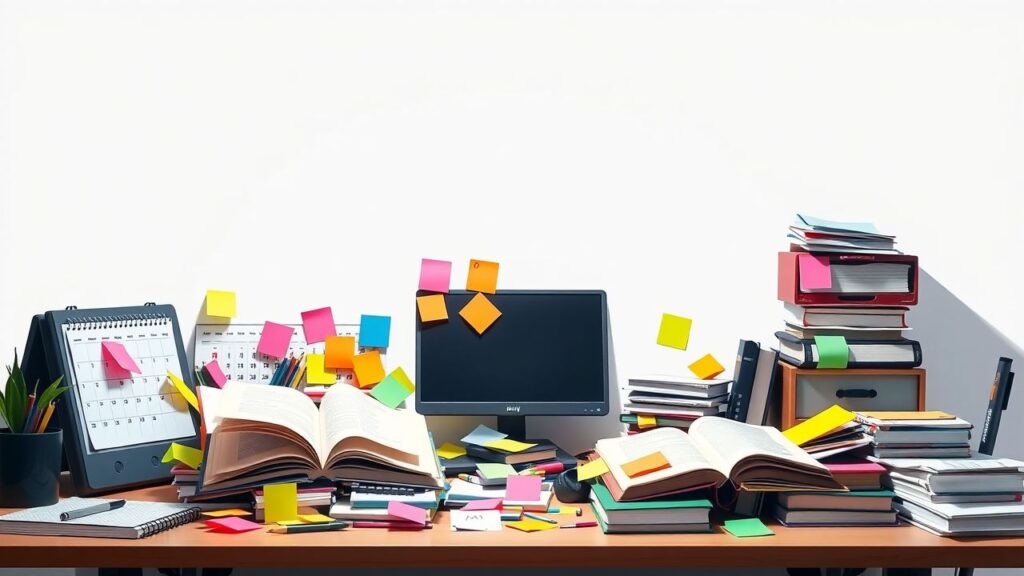 Een rommelig bureau vol studiemateriaal en post-its tijdens examenperiode.