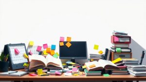 Een rommelig bureau vol studiemateriaal en post-its tijdens examenperiode.