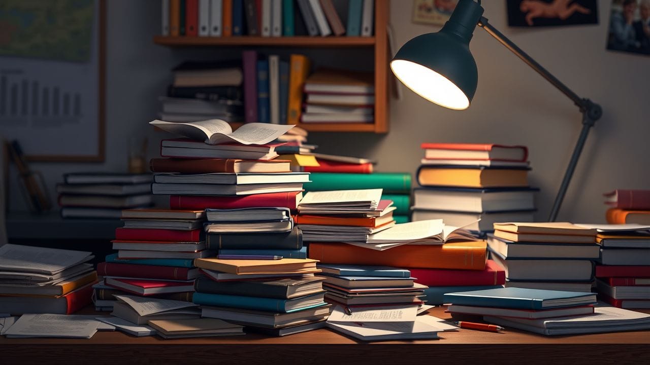 Een rommelig bureau met studiemateriaal en aantekeningen, verlicht door een bureaulamp.