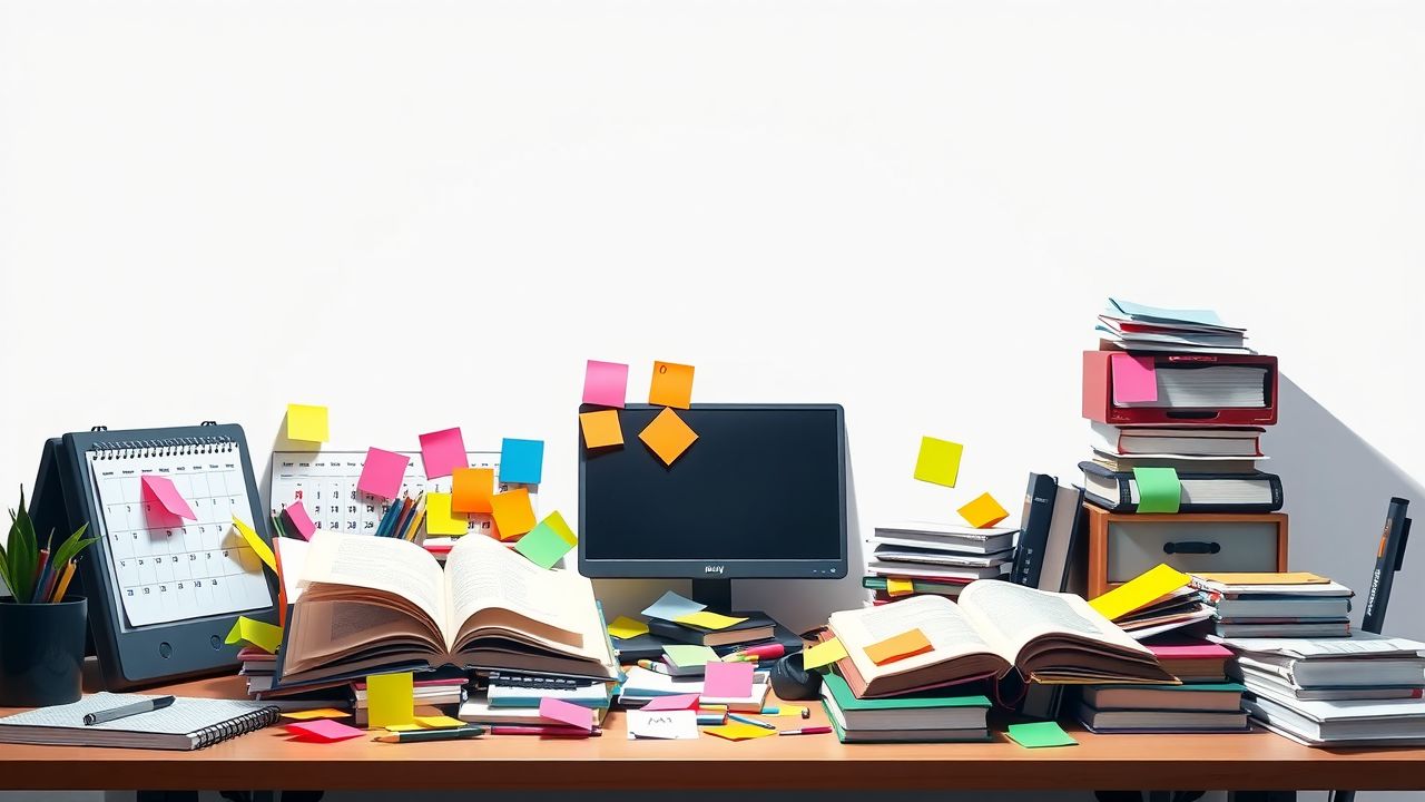 Een rommelig bureau vol studiemateriaal en post-its tijdens examenperiode.