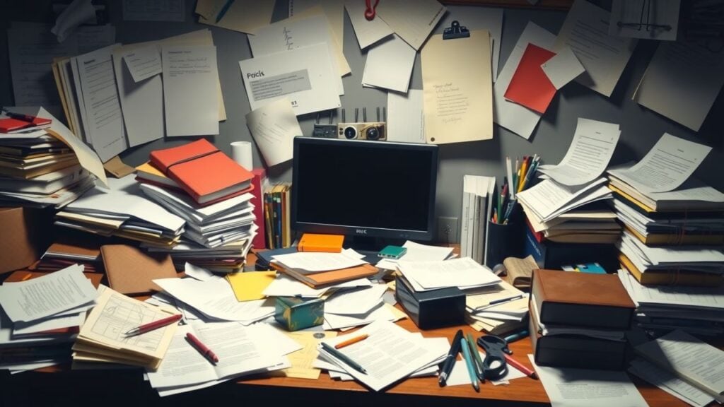 Een rommelig bureau met verspreide papieren en kantoorbenodigdheden benadrukt het belang van een effectief planningsysteem voor productiviteit en efficiëntie.