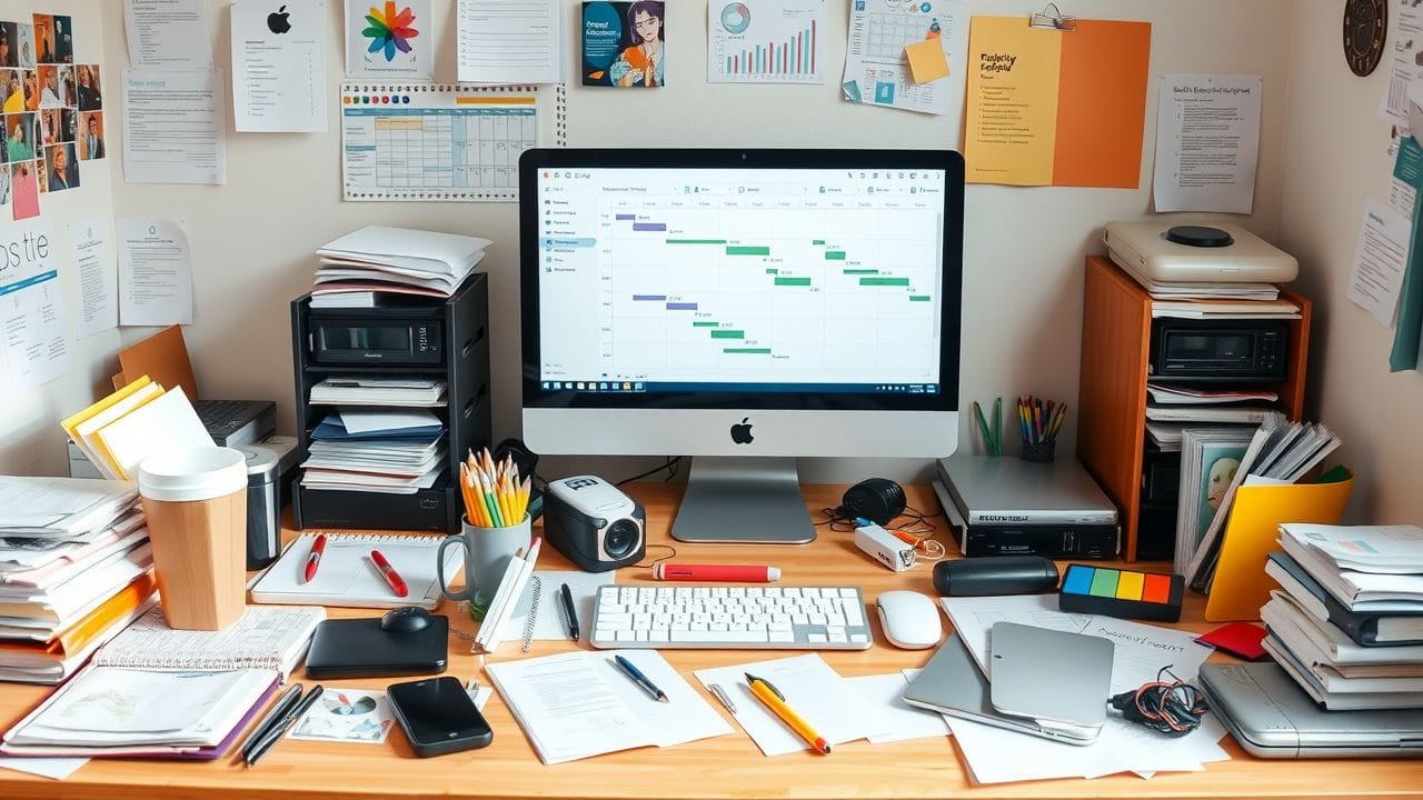 Een rommelig bureau met een projectplanningssoftware op het computerscherm. Een rommelig bureau met een projectplanningssoftware op het computerscherm.