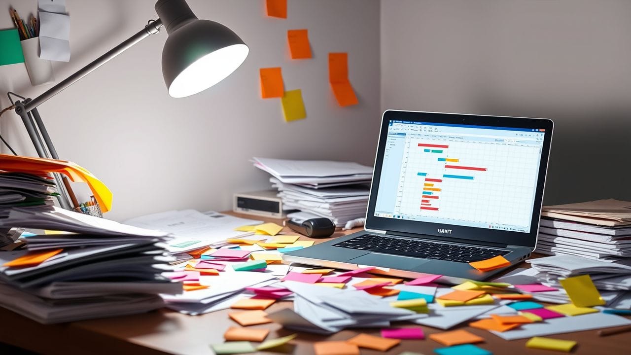 Een rommelig bureau met Gantt-chart software op een open laptop. Een rommelig bureau met Gantt-chart software op een open laptop.