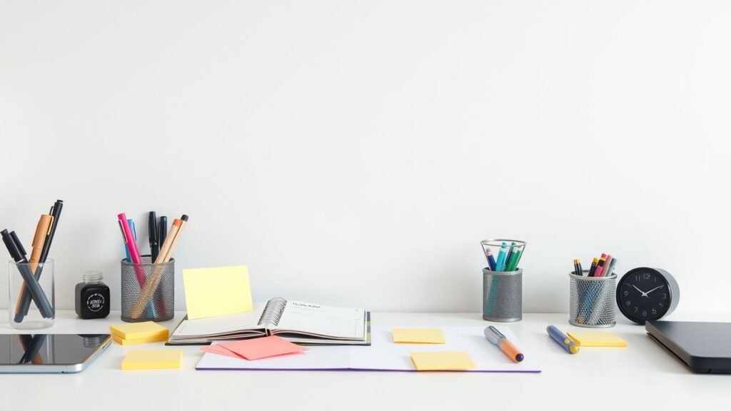 Een opgeruimde en efficiënte werkplek met een planner en pennen.