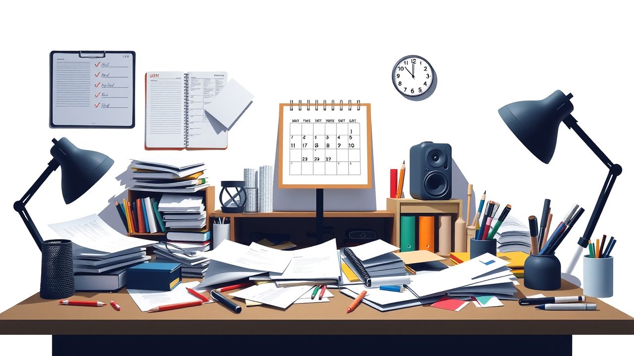 Een rommelig bureau met papieren en kantoorbenodigdheden, illustrerend gebrek aan organisatie.