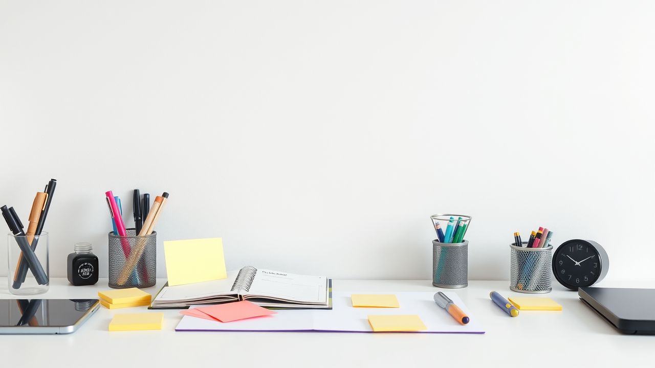 Een opgeruimde en efficiënte werkplek met een planner en pennen.