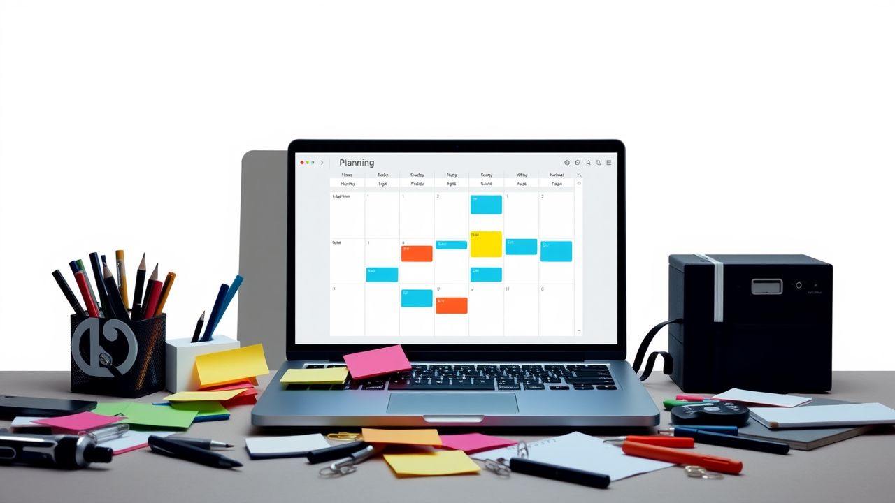 Een chaotisch bureau met open laptop en rommelige planning.