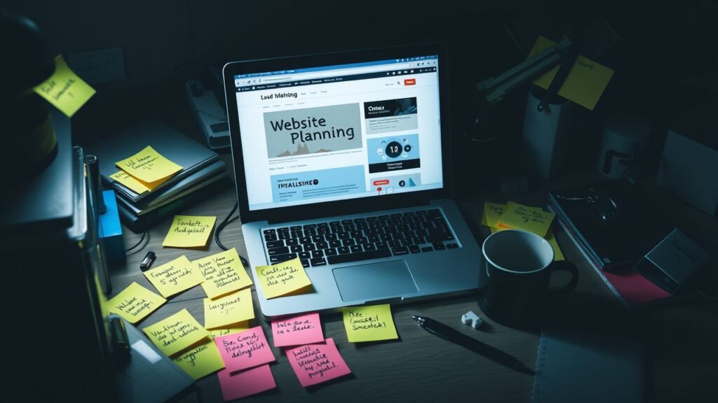 Een rommelig bureau met open laptop, kleurrijke notitieblaadjes en koffiemok.