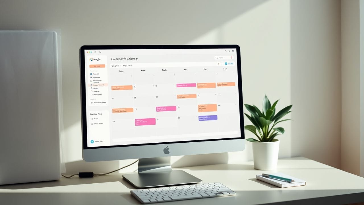 Een digitale kalenderinterface met een minimalistische werkruimte op de achtergrond.