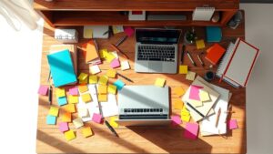 Een rommelig bureau met kleurrijke notities, open laptop en pennen.