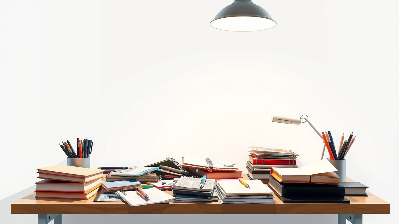 Een rommelig bureau met verschillende kantoorbenodigdheden en educatieve materialen.