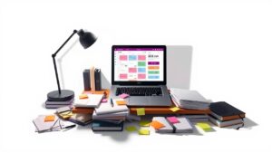 Een rommelig bureau met laptop en papieren, post-it notities.