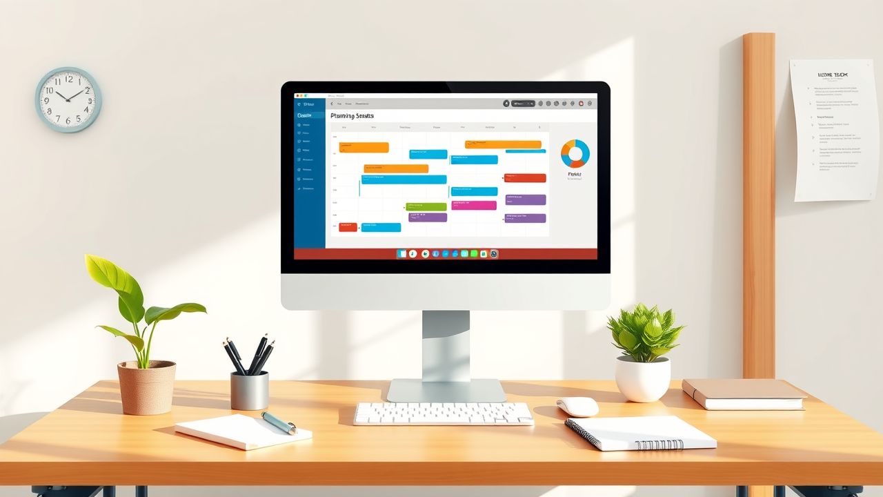 Een modern kantoorbureau met computer, notitieboekjes, pennen en plant. Een modern kantoorbureau met computer, notitieboekjes, pennen en plant.