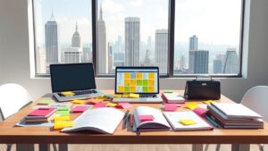 Een rommelig bureau met kleurrijke notitieblaadjes en een laptop.