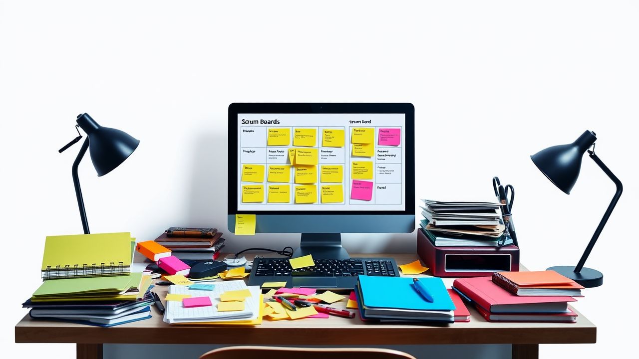Een rommelig kantoorbureau met post-its, notitieboeken en een open laptop. Een rommelig kantoorbureau met post-its, notitieboeken en een open laptop.