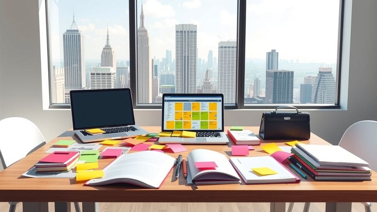 Een rommelig bureau met kleurrijke notitieblaadjes en een laptop.