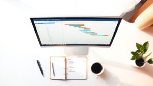 Een bureau met computer, notitieboek en koffie, georganiseerd en functioneel.