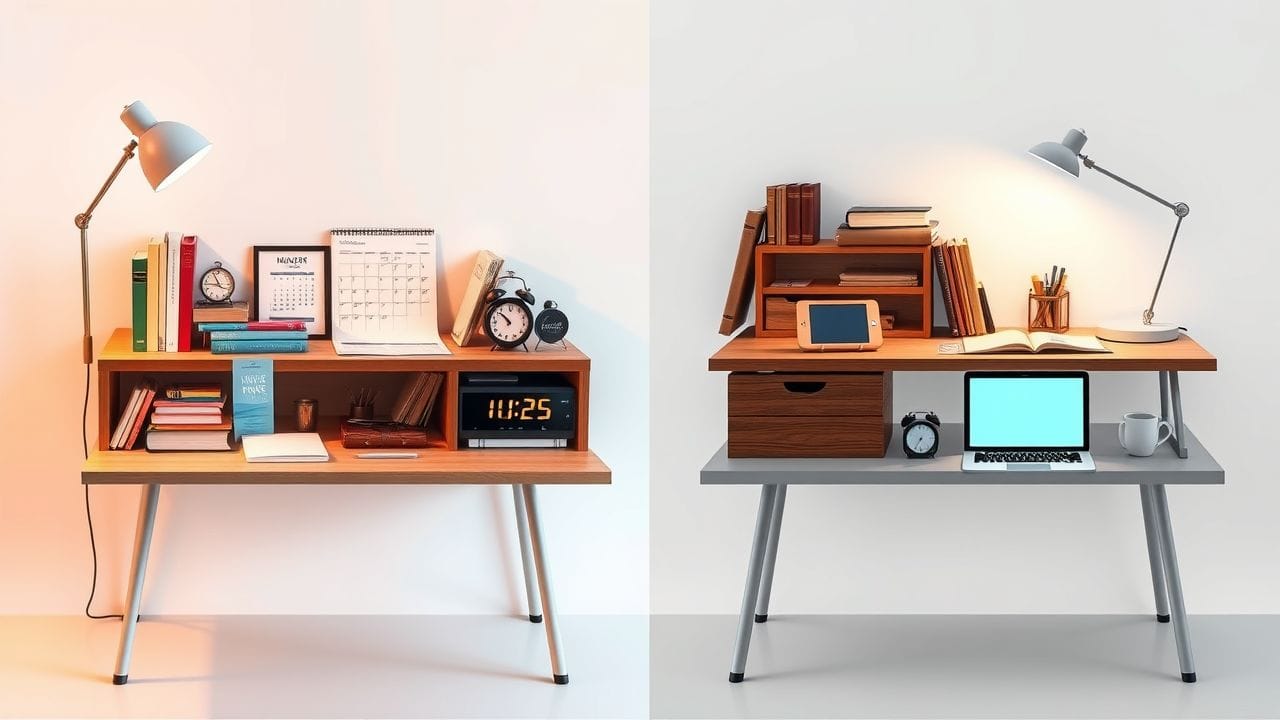 Een georganiseerd bureau met verschillende studiebenodigdheden in drie stijlen. Een georganiseerd bureau met verschillende studiebenodigdheden in drie stijlen.