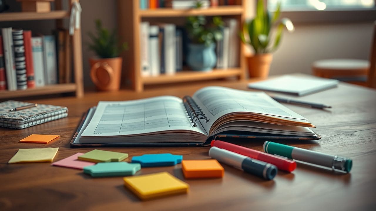 Een open planner met kleurrijke notities en highlighters op een houten bureau.