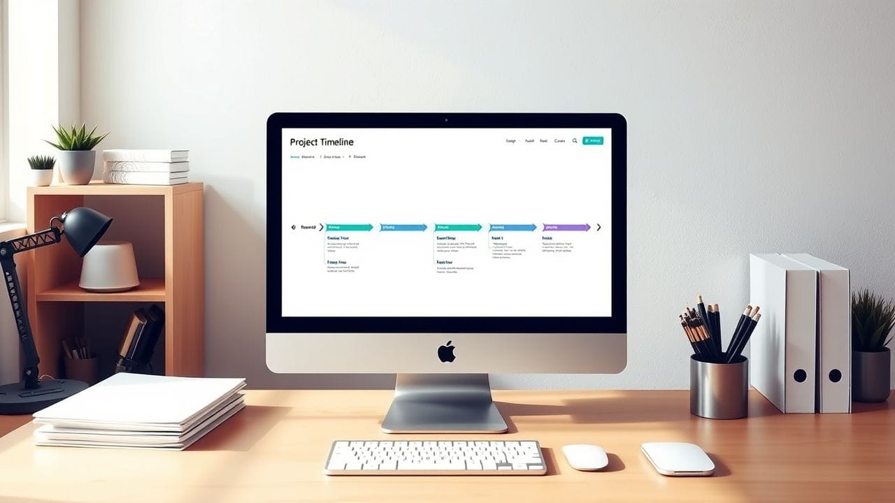 Een overzichtelijke projectplanning op een computerscherm in een opgeruimde werkruimte.