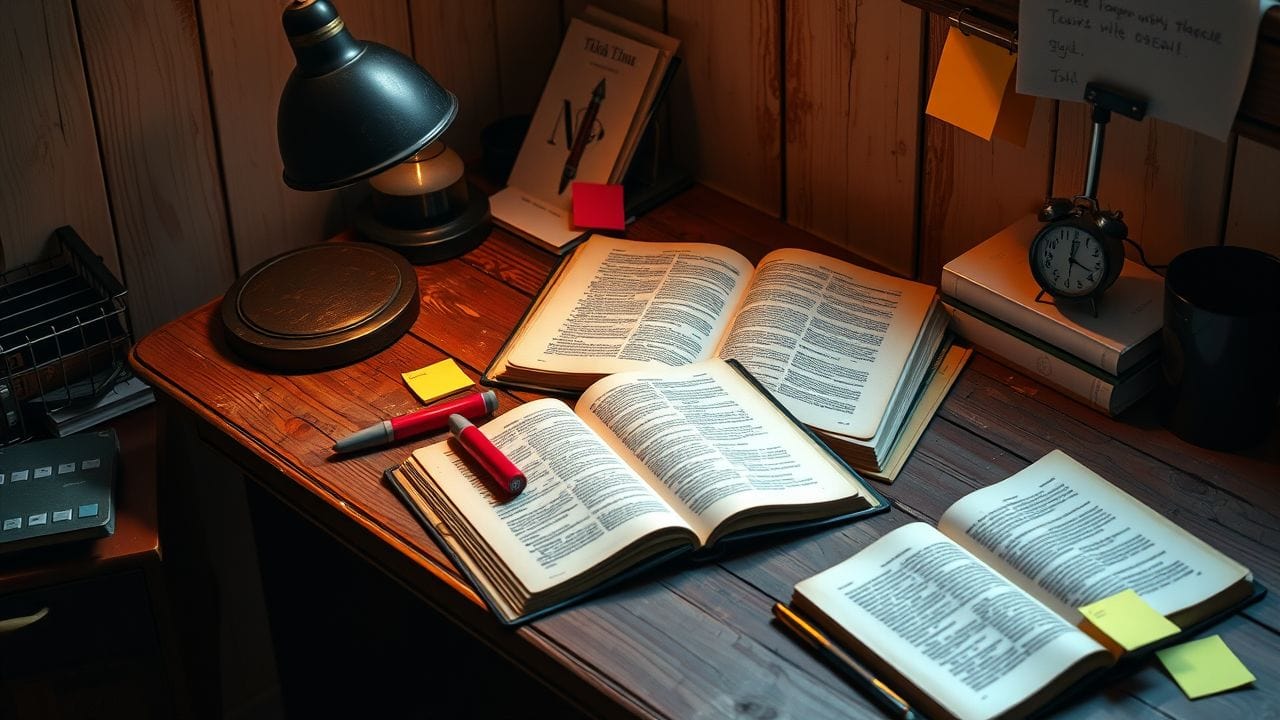 Een oude, rommelige bureau met boeken, markers en notities voor het schrijven van een scriptie. Een oude, rommelige bureau met boeken, markers en notities voor het schrijven van een scriptie.