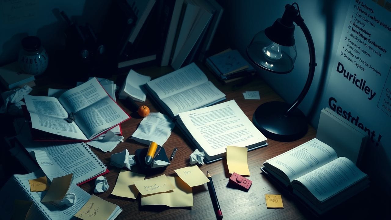 Een rommelig bureau met verspreide notitieboekjes en studieboeken.