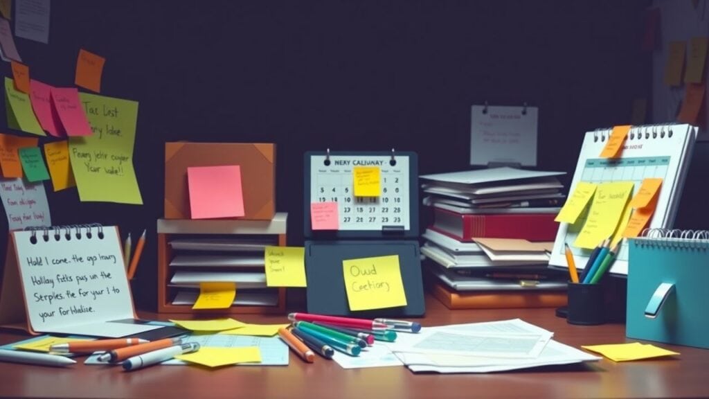 Een rommelig bureau met kleurrijke notities en pennen, wijzend op een drukke vakantieplanning voor een bedrijf.