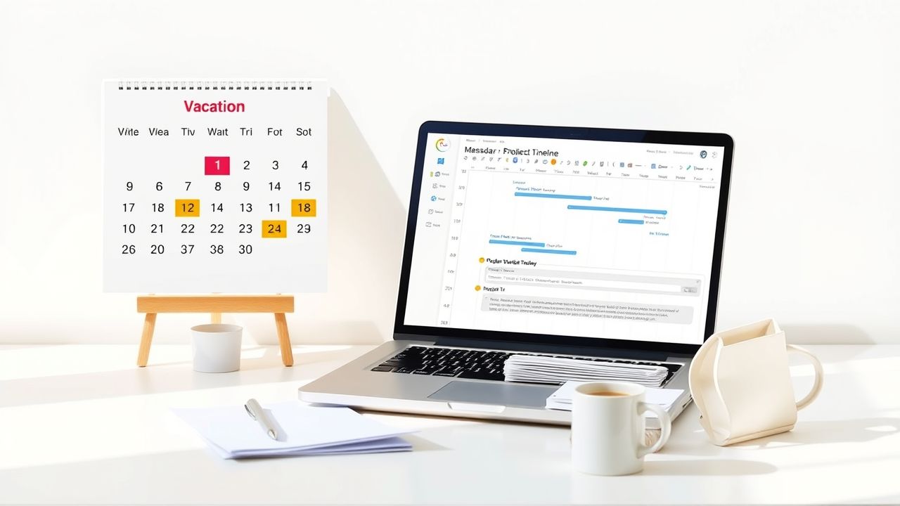 Een bureau met vakantiedagen gemarkeerd op de kalender, een laptop en koffie.