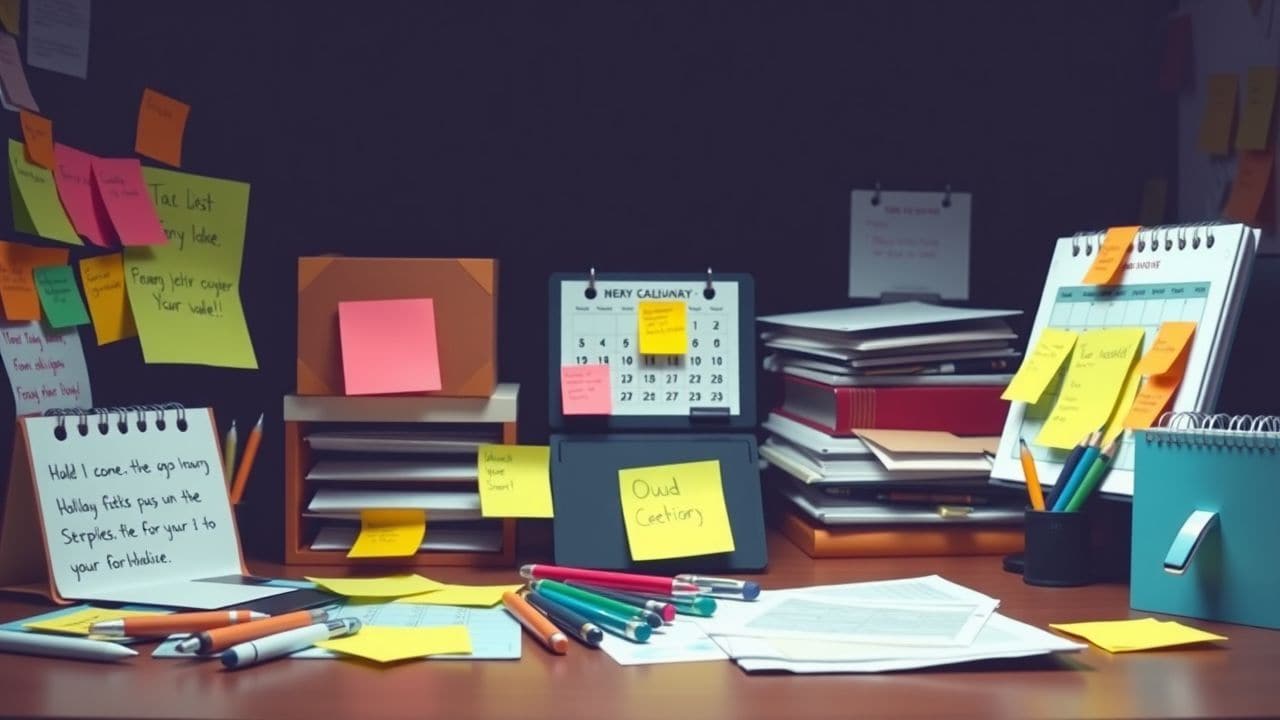 Een rommelig bureau met kleurrijke notities en pennen, wijzend op een drukke vakantieplanning voor een bedrijf.