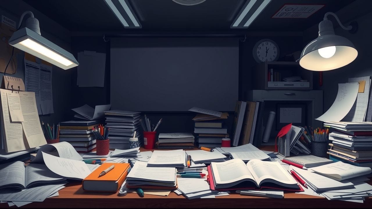 Een rommelig bureau met verspreide papieren en ongeorganiseerde stationery.