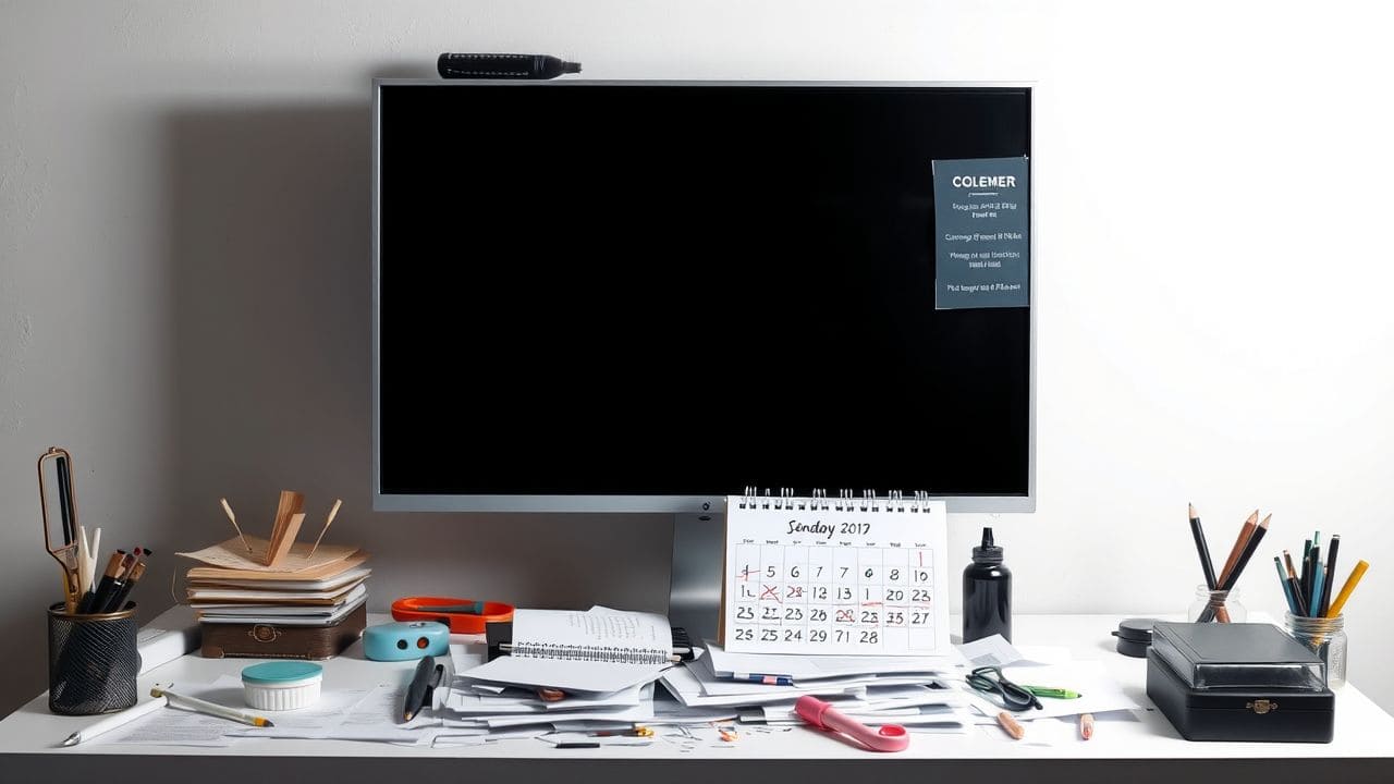 Een rommelig bureau met stapels papieren en kantoorbenodigdheden.