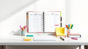 Een georganiseerd bureau met planner, stiften en notities in flat design stijl.