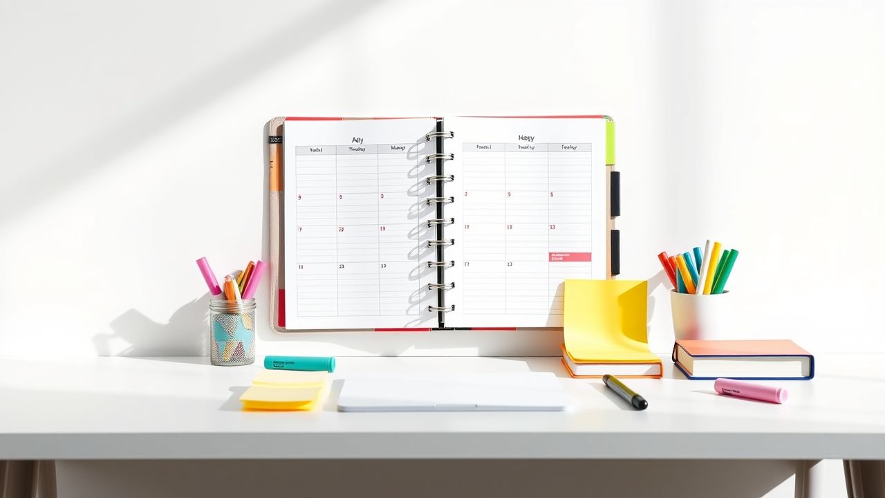 Een georganiseerd bureau met planner, stiften en notities in flat design stijl.