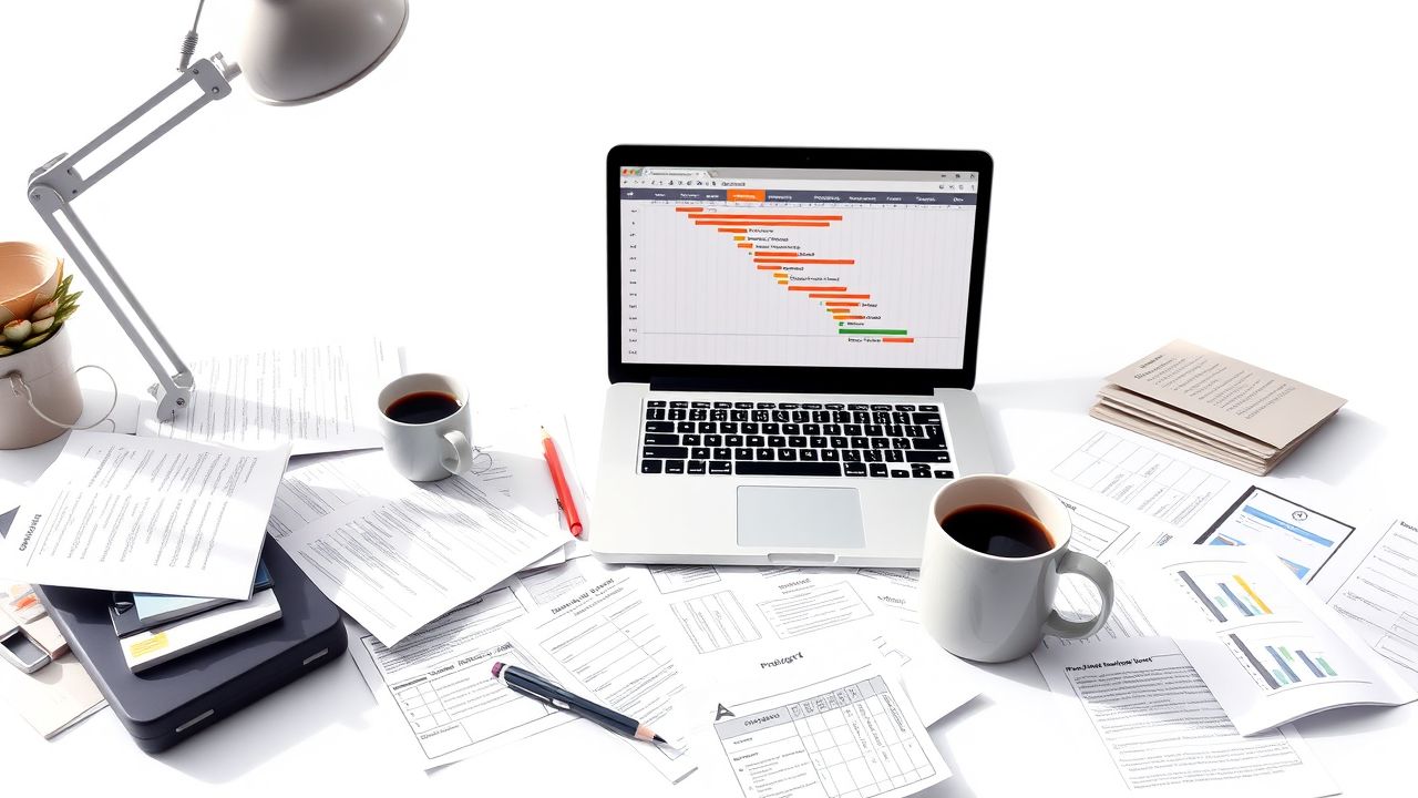 Een rommelig bureau met open laptop en projectplanning.