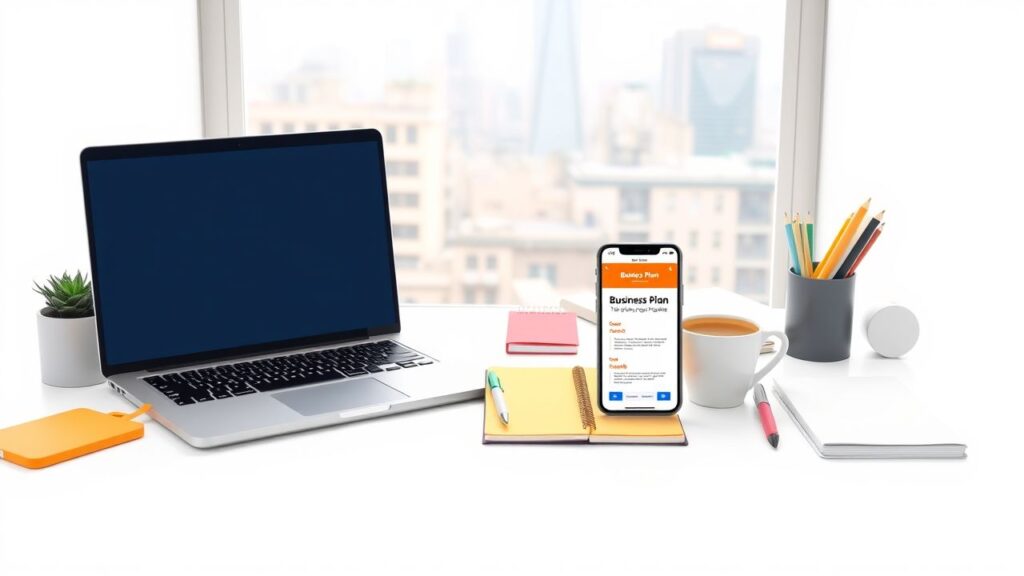 Een moderne werkruimte met laptop, notitieboek en kantoorbenodigdheden.