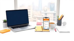 Een moderne werkruimte met laptop, notitieboek en kantoorbenodigdheden.