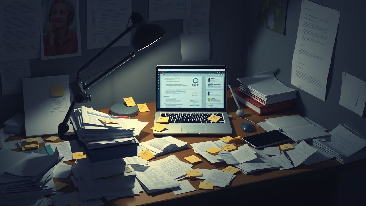 Een rommelig bureau met laptop en brainstormnotities in een donkere kamer.