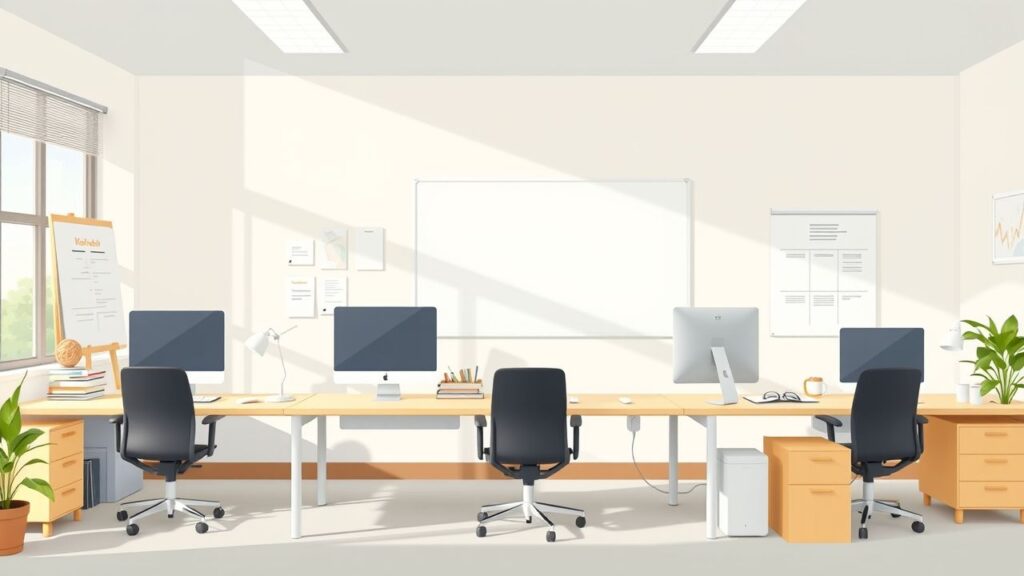 Een heldere en moderne kantoorruimte met essentiële tools voor productiviteit.