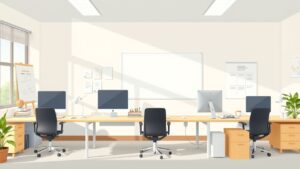 Een heldere en moderne kantoorruimte met essentiële tools voor productiviteit.