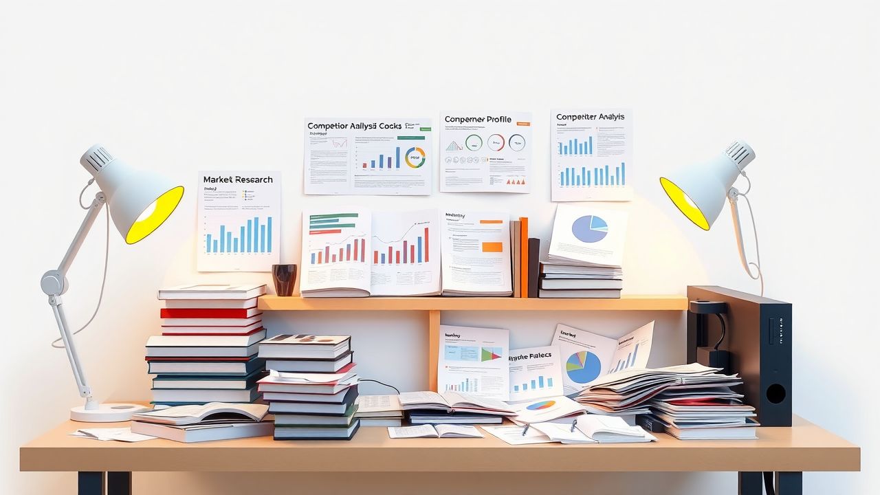 Een rommelig bureau met marktonderzoeksmaterialen en rapporten.